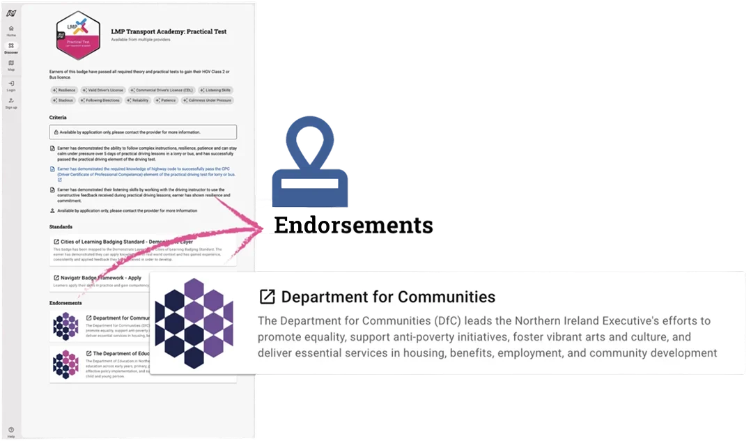 A badge criteria page with an endorsement from the Department for Communities attached to it.