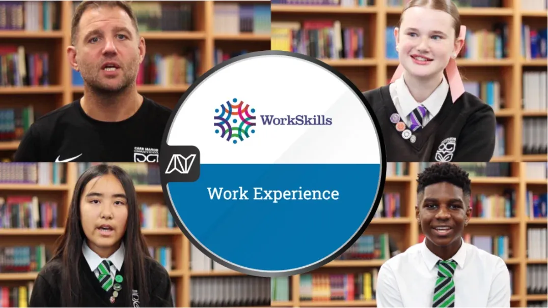 A teacher and three pupils describing their work experience placements, behind the WorkSkills Work Experience badge