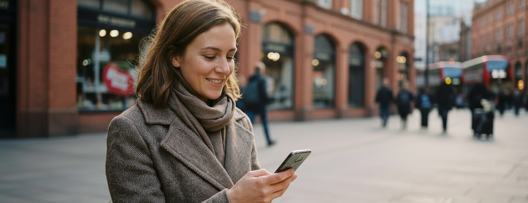 A woman on a city street looking at her phone