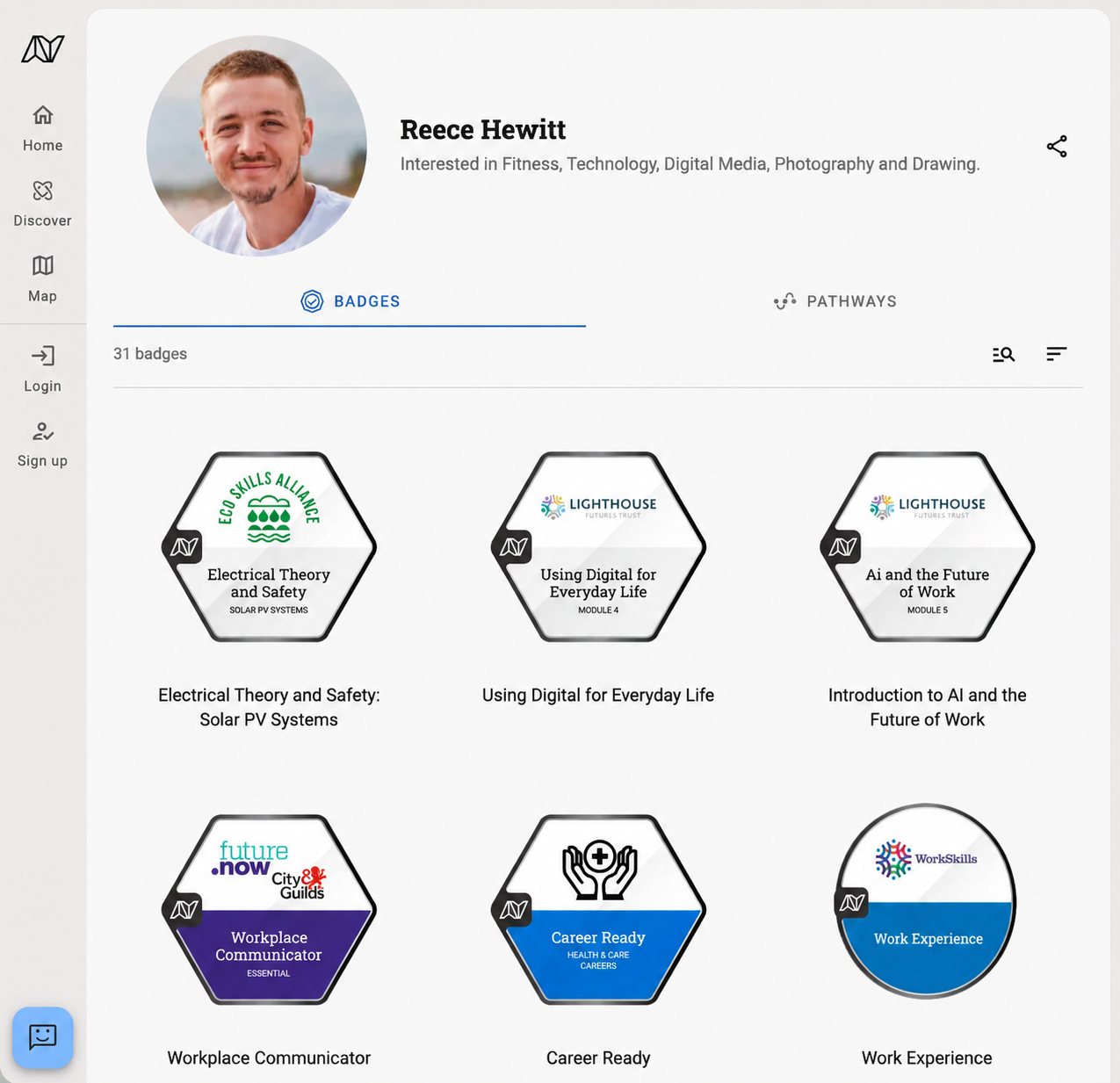 A Navigatr wallet showing a profile and a grid of earned digital badges