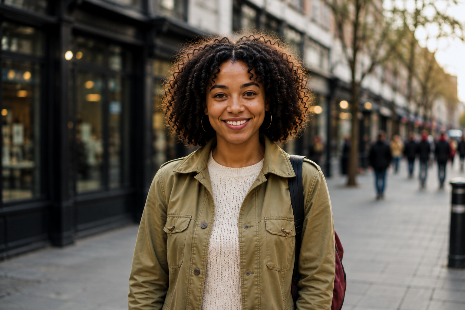 A woman standing on a city street, smiling to camera